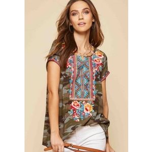 Savanna Jane Camo Print Top with Multicolored Florel Aztec Embroidery Size 2X